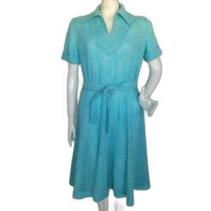 KAY WINSOR Day Dress, L, Aqua Blue, Short sleeves, Dagger collar, VINTAGE